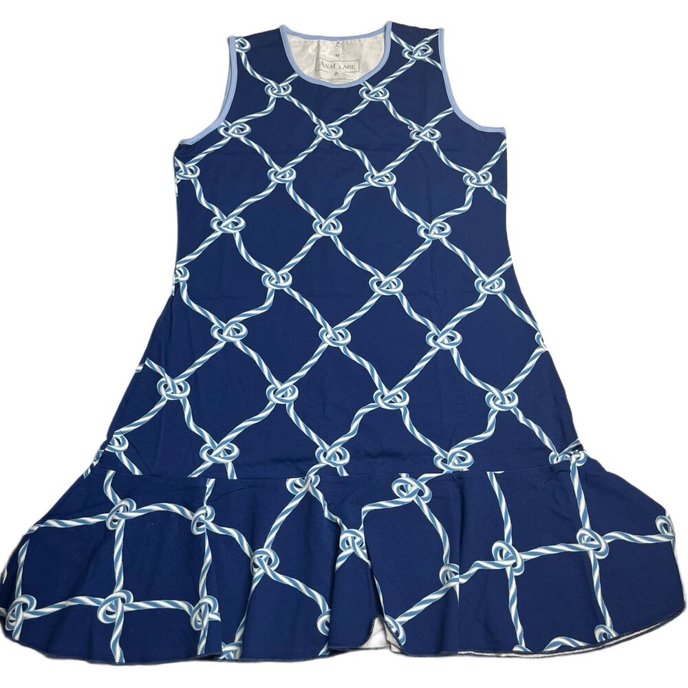 Ana Clare Dress Womens M Navy Blue White Rope Knot Sleeveless Ruffle Cotton